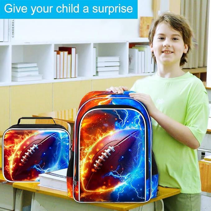 gxtvo 3PCS Boys Rugby Bookbag, 17" Kids Backpack with Lunch Box, Water Resistant Middle Elementary School Bag - Fire & Lightning Rugby