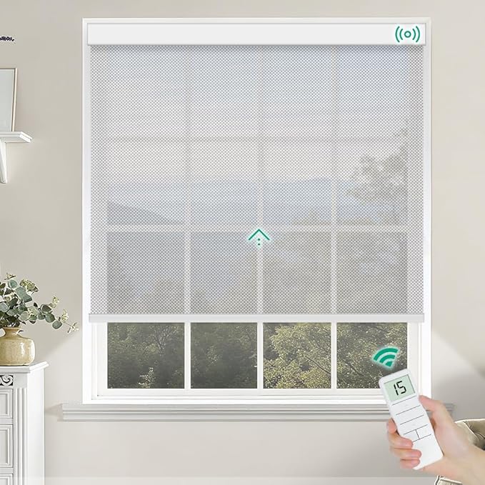 Kilonity Motorized Roller Shades, Light Filtering Remote Control Custom Window Shades Compatible with Alexa Google Assistant via RF Hub, Rechargeable Electric Blinds for Windows (Fireproof Silver)