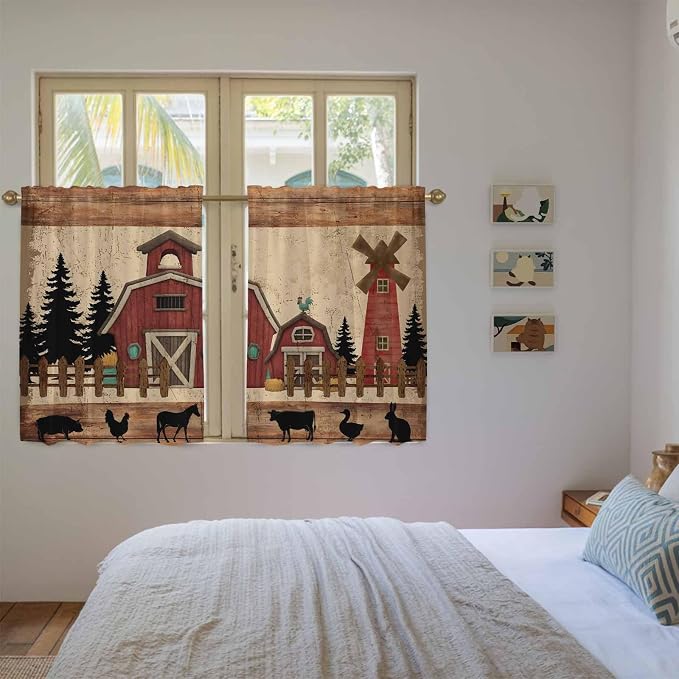Brown Farmhouse Tier Curtains, Vintage Country Animals Wooden Grain Light