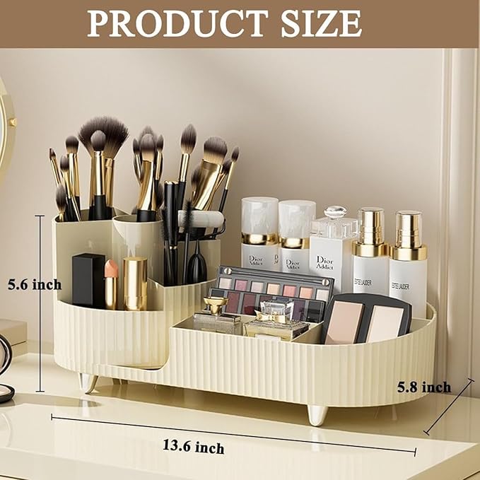 Rotating Cosmetic Organizer, Plastic Countertop Makeup Organizer with Makeup Brush Holder, Large Capacity Cosmetic Display Case, Countertop Makeup & Perfume Organizer with 9 Partitions (White)