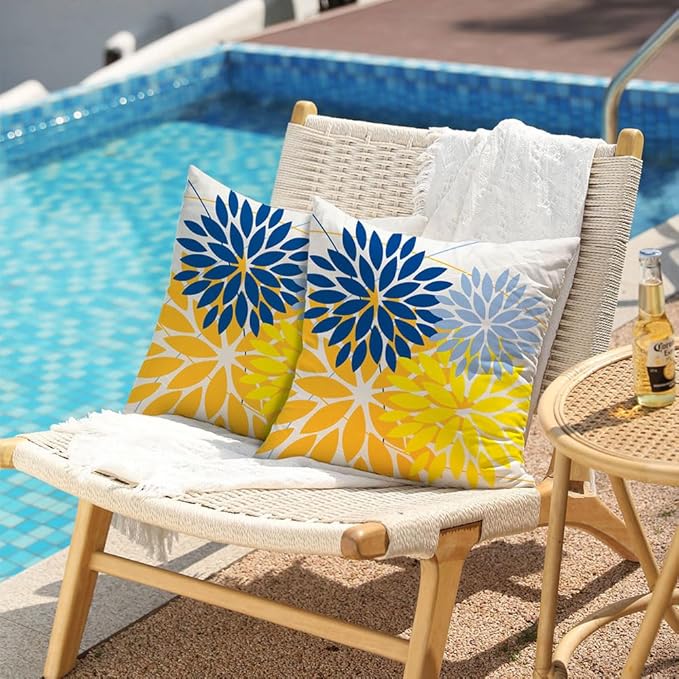 DFXSZ Outdoor Pillow Covers 16x16 Inch Set of 2 Yellow Blue Flower Decorative Waterproof Spring Summer Outdoor Pillow Covers for Patio Funiture Garden Couch 168E16