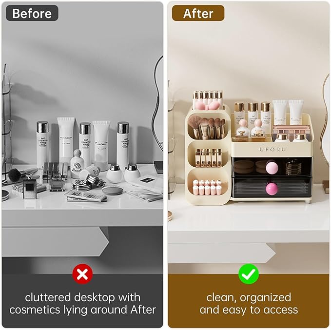Makeup Organizer for Vanity with Brush Holder, Countertop Organizer with 2 Drawers, Spacious Cosmetic Display Case for Beauty Essential, Skincare, Lipstick