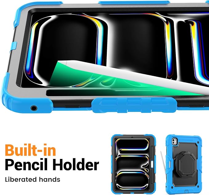 for iPad Pro 11 inch Protective Case M5 2025/M4 2024: Heavy Duty Shockproof Case with Pencil Holder - 360°Rotating Handle/Stand - Screen Protector - Shoulder Strap Black/Sky Blue