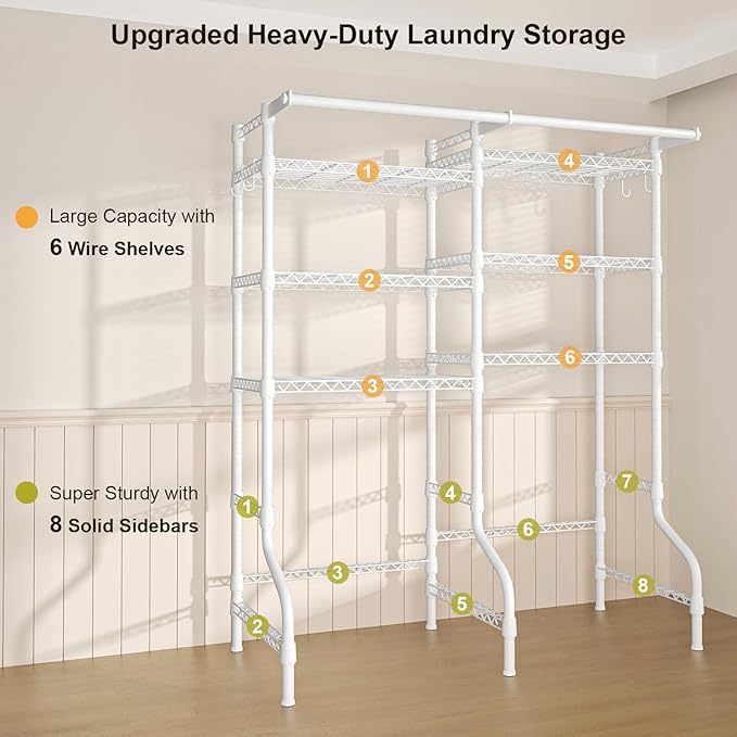 Ulif U13 Over Washer and Dryer Storage Shelves, 6 Tiers Laundry Room Standing Shelf with 2 Hanger Rods, Space Saver Clothes Drying Rack, 63.4" W x 22" D x 77.4" H, White