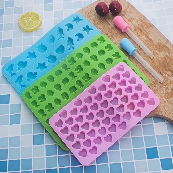 Vpqnee 3 Pack Mini Silicone Gummy Candy Chocolate Molds Contains Small Hearts, Fruits, Marine Animal Shapes and 2 Droppers for Making Gummy, Candy, Chocolate and Small Ice Cubes