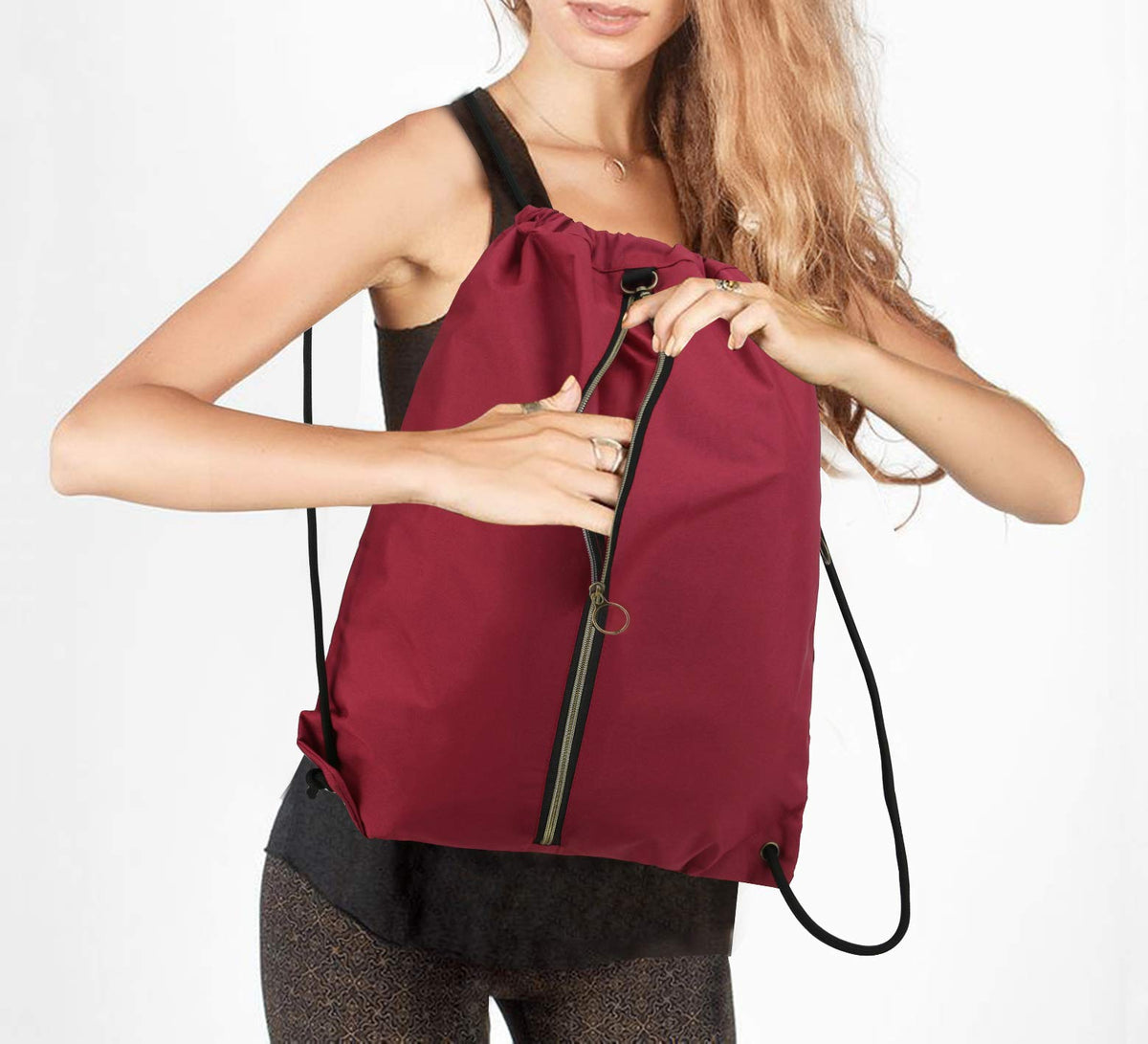 BeeGreen Maroon Drawstring Backpack with 3 Zipper Pocket and 2 Inside Pouch，19.2 "x 15" Large Sports Gym Drawstring bag Draw String Bags Pack