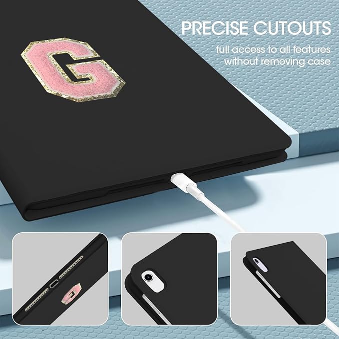 for iPad 9th Generation 10.2 Inch 2021/2020/2019 Case Initial Chenille Letter Suture Personalized for iPad 9th/8th/7th Generation Case with Auto Sleep/Wake Pencil Holder (Black A)