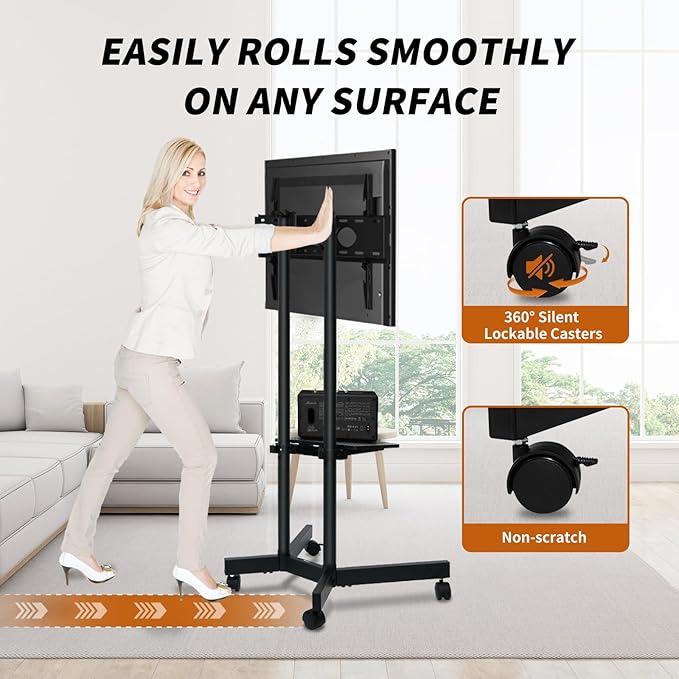 Solid Grace Rolling TV Stand with Wheels for 32-75 Inch TVs up to 88lbs, Portable TV Stand with Shelf, Mobile TV Cart for Living Room, Office, Meeting Room, Outdoor（MT2007 Upgrade Version）