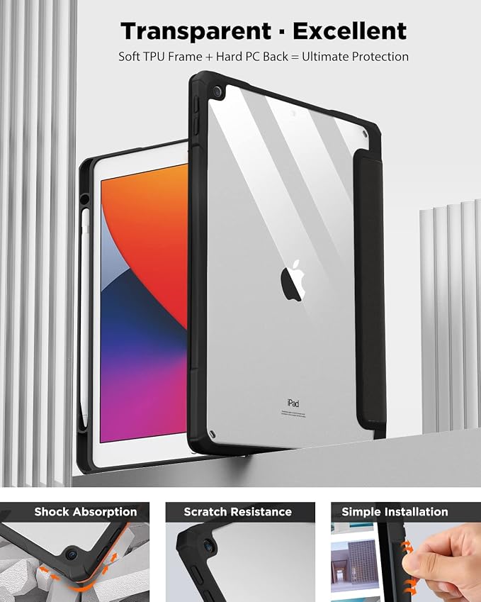 TiMOVO Case for iPad 9th/8th/7th Generation 10.2 inch Black | Pencil Holder Slim Trifold Stand Protective Cover Clear Transparent Back Shell Auto Wake/Sleep