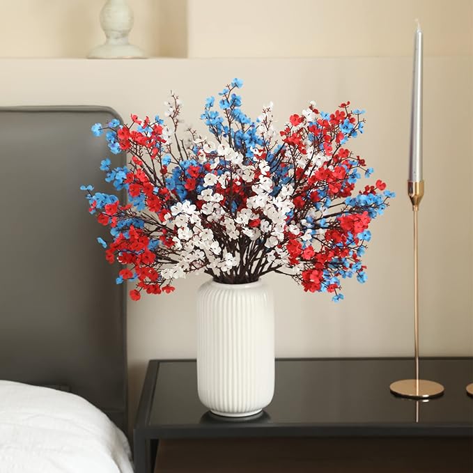 Hananona 10 Pcs 4th of July Flowers Artificial Babys Breath Fake Silk Patriotic Flowers for Independence Day Home Decor Floral Arrangement Table Centerpieces (10, Mix)