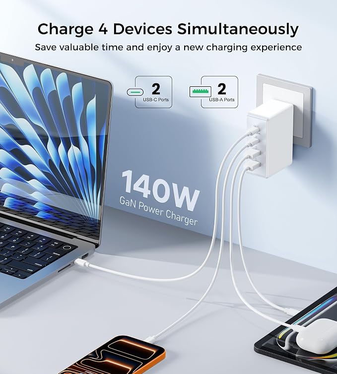 140W MacBook Pro ChargerC Wall Charging Block for MacBook Air M3/M24-Port PD20W Fast Charger Cube for iPhone 17/16/15 Pro MaxCharging Station Hub for Samsung S25/S24