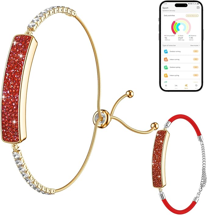 Smart Bracelet for Women, Jewelry Fitness Tracker with 2 Bands, Heart Rate & SPO₂ Monitor, Stress & Sleep Tracking, Step & Calorie Counter, 5ATM Waterproof for iOS & Android, No Subscription, Red