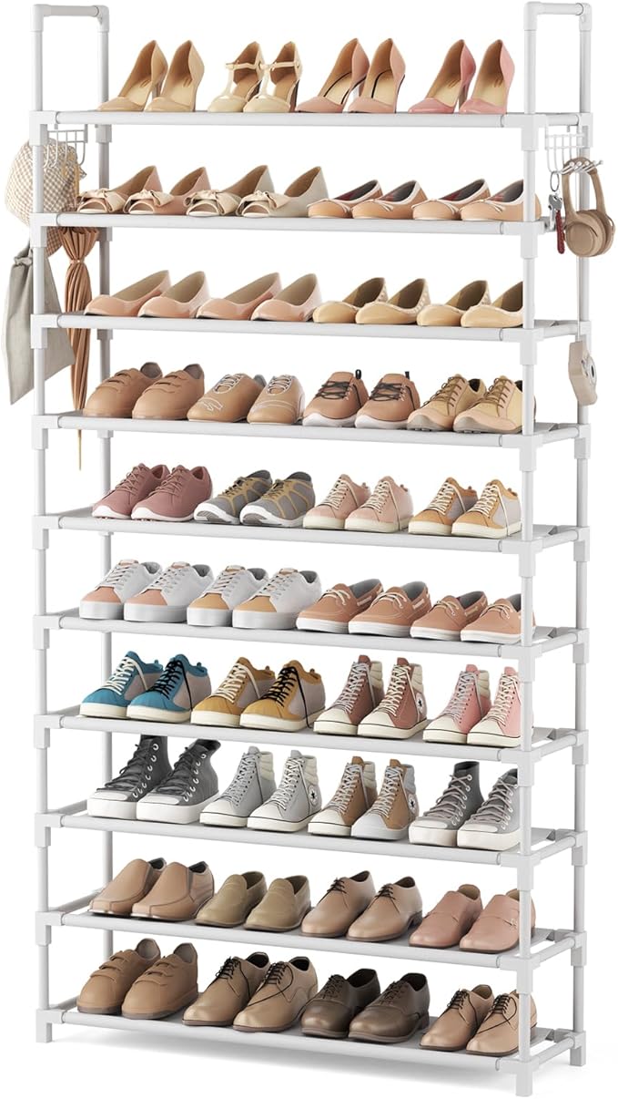 VTRIN 10 Tiers Shoe Rack Tall Large Capacity Wide Shoe Organizer Sturdy Shoe Shelf for Entryway with Two Hooks Metal Shoe Storage for Closet, Bedroom, White