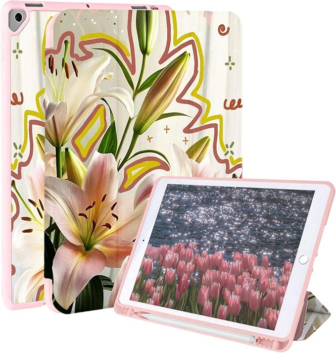 Case for iPad 9th/ 8th/ 7th Generation Case 10.2&amp10.5 Inch (2021/2020/2019 Release) Slim Lightweight Soft Trifold Back Cover with Pencil Holder &amp Auto Sleep/Wake Cover Cherries Cheetah Bows