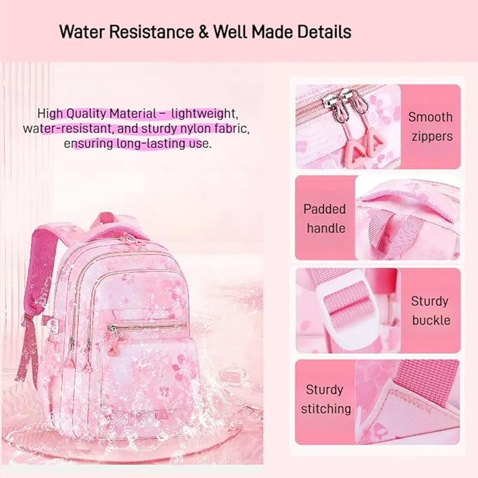 3Pcs Set Backpacks for Girls Teen, Cute Flowers School Bag Girls Bookbags with Lunch Box Pencil Bag, Multi-Pockets Kids Backpack for Elementary & Middle School, Light Blue
