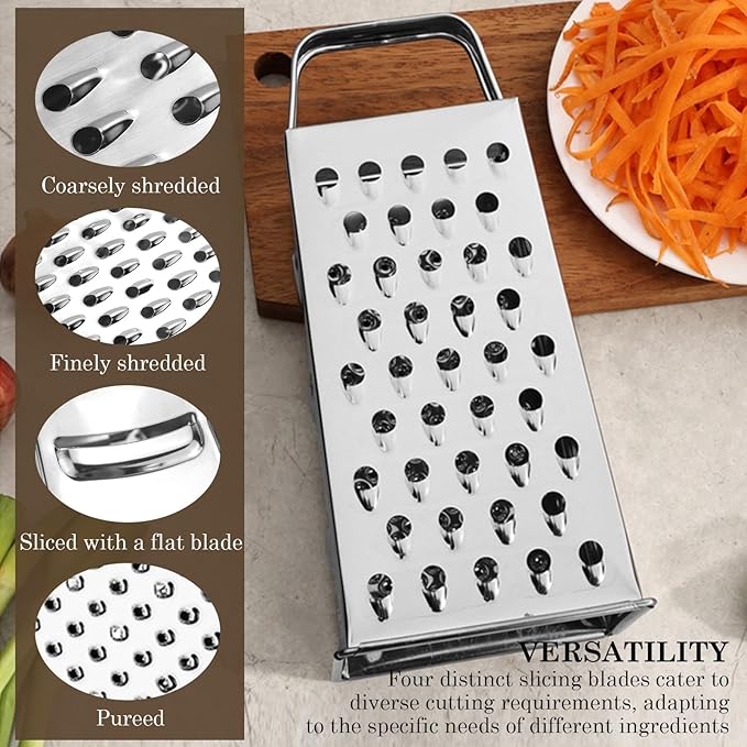 ZJIVQO Stainless Steel Vegetable Grater, 4-Sided Portable Metal Grater, Cheese Grater with Handle for Kitchen (8inch)
