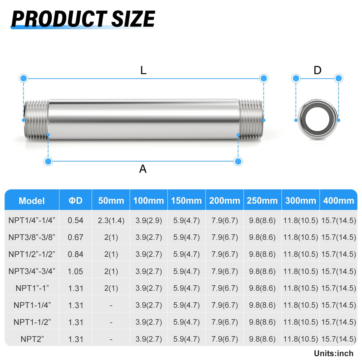 TAILONZ PNEUMATIC 1/2" NPT Male x 1/2" NPT Male 304 Stainless Steel Pipe Nipple, 4" Length Cast Pipe Fitting, Threaded Connector（Pack of 3）
