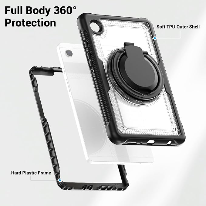 for Samsung Galaxy Tab A9 Case 8.7 inch (SM-X110/X115/X117) with Shoulder Strap 360° Rotatable Kickstad Shockproof Protective Case Cover for iPad mini 7 A17 Pro Black