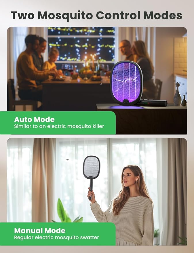 YISSVIC Electric Fly Swatter Foldable Bug Zapper Racket 2 in 1 Mosquito Killer with Purple Attractant Light Rechargeable 1800mAh for Indoor Home Backyard Patio Camping