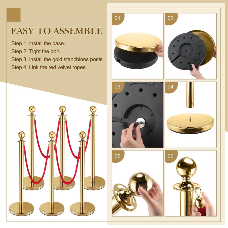 Pelopy 12 Pcs Stanchion Posts with Velvet Ropes and Red Carpet 26 ft, Crowd Control Barrier Set, 38" Gold Queue Poles for Wedding, Graduation, Party, Event Entrance Decor