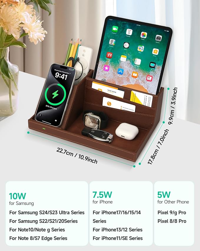 Fast Wireless Charging Station with Desk Organizer for iPhone 17/16/15/15 Pro/14/14 Pro Max/14 Pro/14 Plus/13/13 Pro Max/13 Pro/and iPhone 12/11 Series Nightstand Desktop Organizer for Home Office