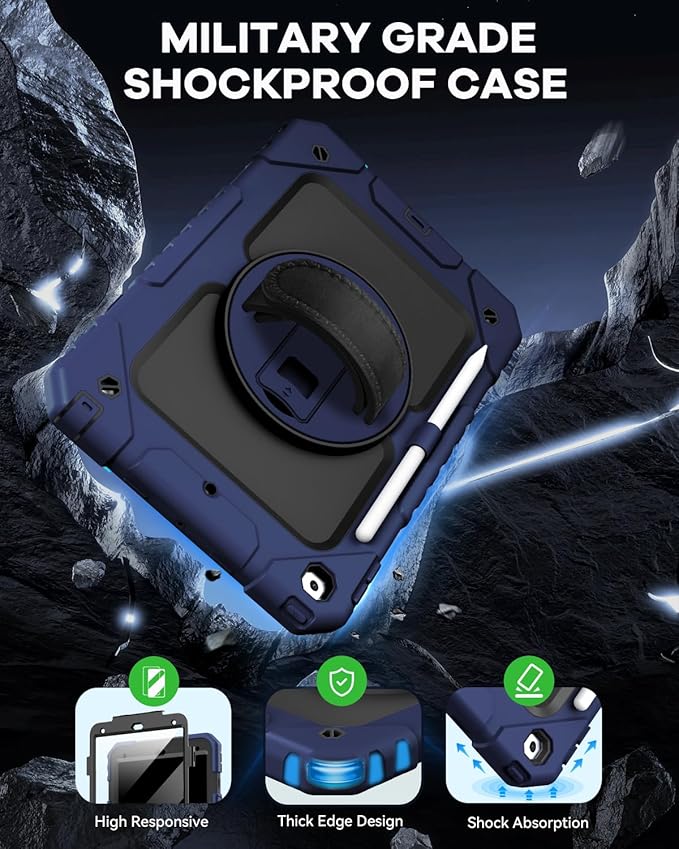 Cantis Case for iPad 9th/8th/7th Generation with Screen Protector, iPad 10.2 Case 2021/2020/2019 with 360 Degree Rotating Stand/Shoulder Strap/Pencil Holder, Navy Blue