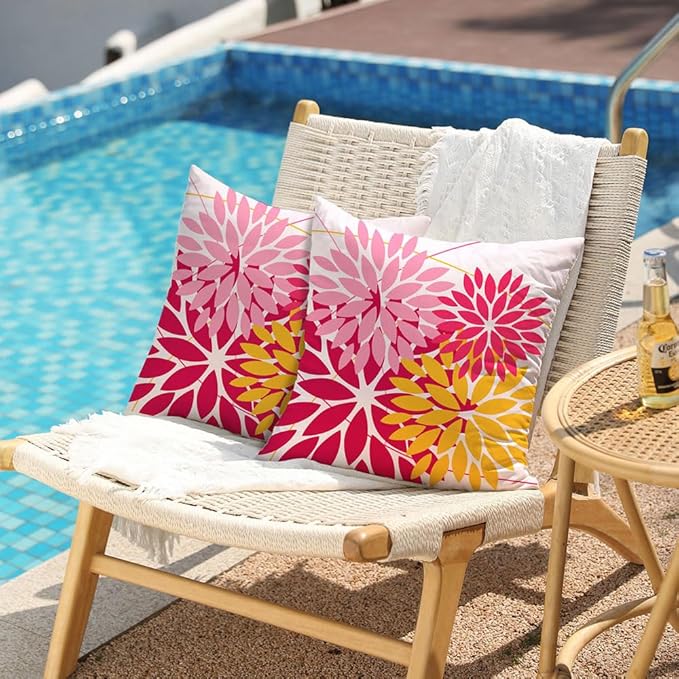DFXSZ Outdoor Pillow Covers - 18x18 Inch Set of 2 Pink Yellow Flower Decorative Waterproof Summer Pillow Covers for Patio Furniture, Garden Couch