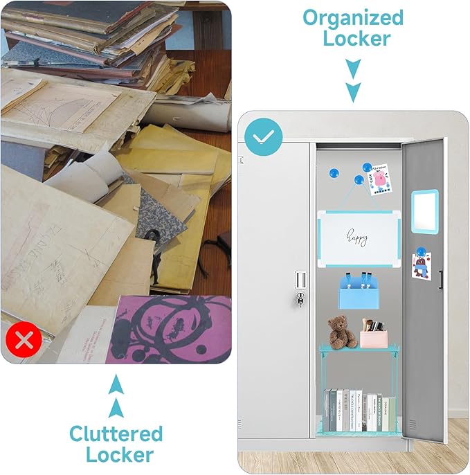 12 Pcs Locker Organizer and Decorating Kit, First Day of School Essentials for Girl Marble Print Whiteboard with Markers Locker Shelf Plush Area Rug String Light Mirror Magnetic Cup and Magnet (Blue)