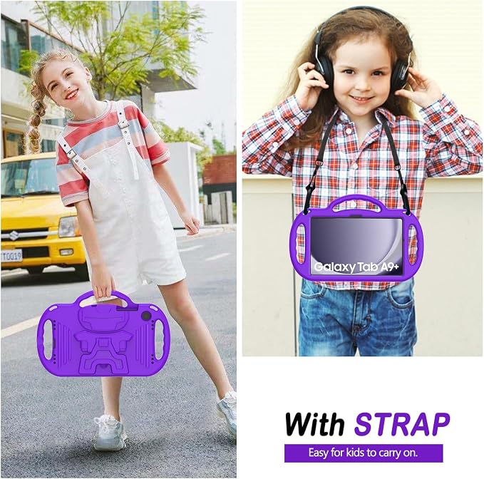 Kids Case for Samsung Galaxy Tab A11+ Plus/A9+ Plus 11 Inch Case with Strap Shockproof Lightweight Handle Stand 2025/2023 Model with Lanyard Black