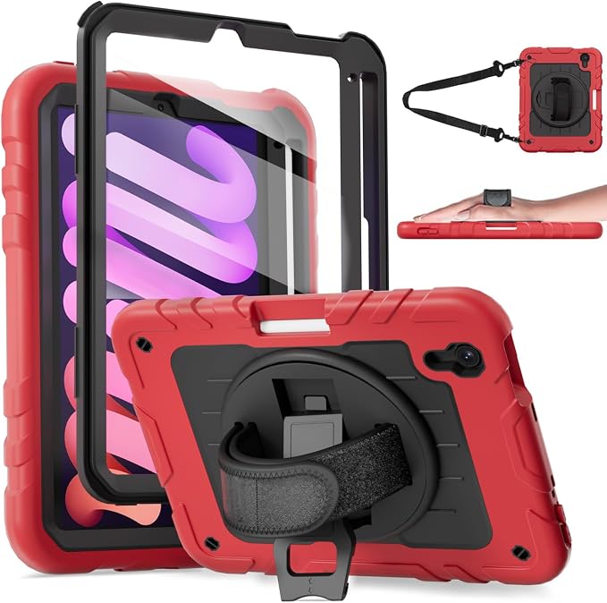 for iPad mini 7 A17 Pro/iPad mini 6 8.3 Inch Case iPad mini 7th/6th Generation Case (2024/2021) with Pencil Holder/Kickstand Hand Strap/Shoulder Strap Black