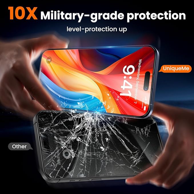 UniqueMe for iPhone 15 Pro Privacy Screen Protector-2 Packs | Military Grade Shatterproof9H+ Hardness Tempered Glass Full Coverage Protection Easy to install