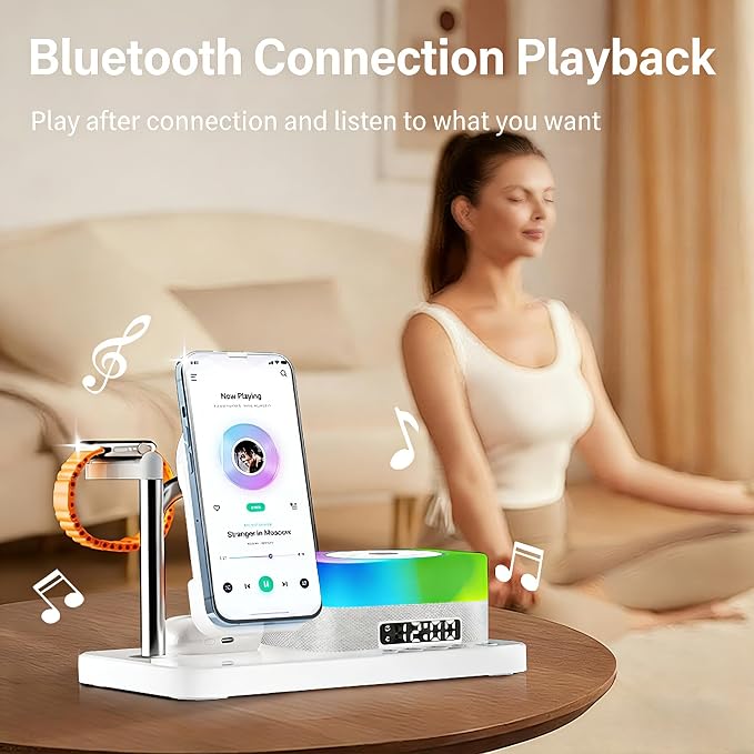 8-in-1 Desktop Charging Station with Bluetooth Speaker RGB Ambient Light Digital Clock Phone Stand Wireless Charger for Phone Watch and Earbuds Black/White (Black)