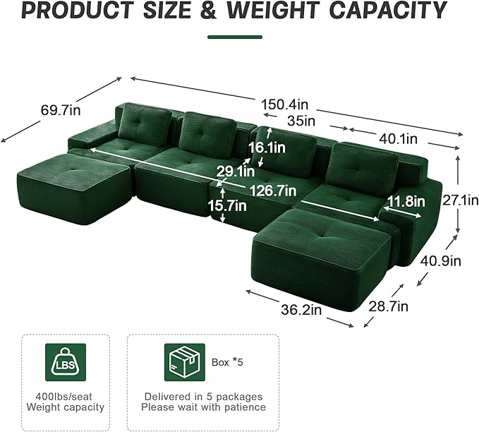 150" Modern Compressed Boneless Couch with Ottoman, 4 Seater Large U Shaped Sectional Couches for Living Room, Green Corduroy Cloud Modular Sectional Sofa, Memory Foam, Extra Deep, No Assembly