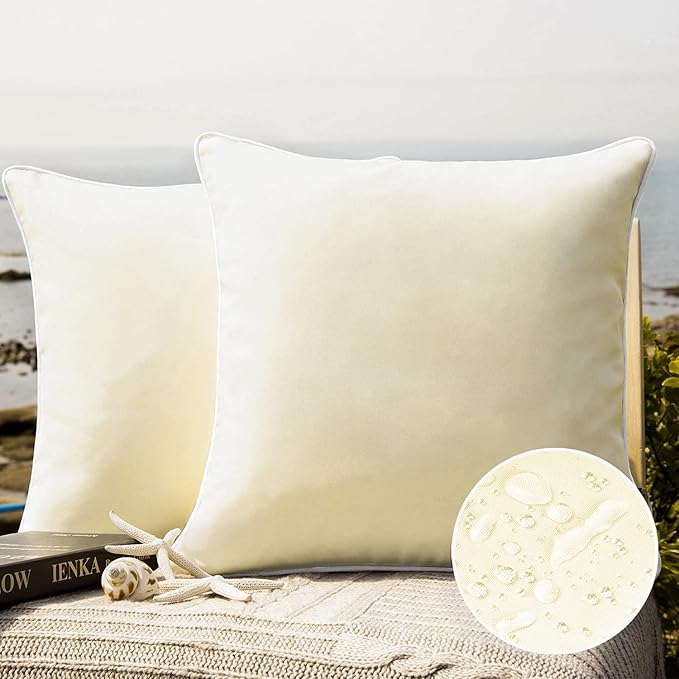 Phantoscope Pack of 2 Outdoor Waterproof Solid Throw Decorative Pillow Cover Decorative Square Outdoor Pillows Cushion Case Patio Pillows for Couch Tent Sunbrella (18''x18'', Cream Cheese)