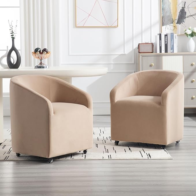 Khaki Barrel Dining Room Chair with Swivel Casters Velvet Upholstered Modern Dining Chair with Arms Back Accent Side Chair for Living Reading Room Kitchen Bedroom
