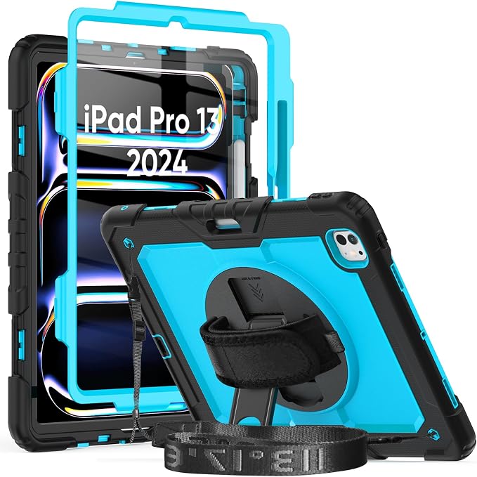 iPad Pro 11 Inch Case 2024 with Screen Protector Pen Holder | iPad Pro 11 5th Generation Case | Three Layer Shockproof Defender Protective Cover W/Stand Hand Strap for iPad A2836/A2837 | Black