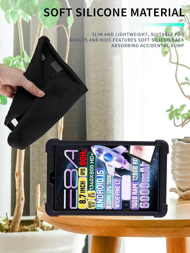 Case for Zuleisy E8A Android 15 Tablet 8.7 inch，WUNIAK Shock Proof Lightweight Stand Rubber Shell Protective CoverKids Friendly Soft Silicone Adjustable Stand CoverBlack