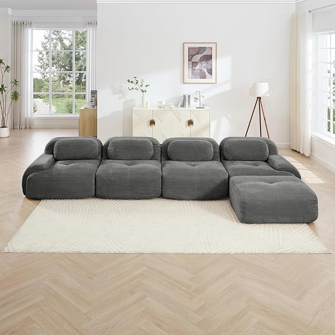 152" Modern Corduroy Cloud Sofa with Ottoman, L Shaped Boneless Modular Large Sectional Couches for Living Room, Gray 4 Seater Compressed Memory Foam Couch, Extra Deep Seat, No Assembly