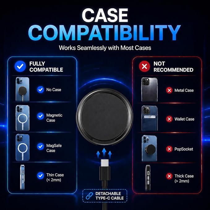 15W Magnetic Wireless Charger with Detachable USB-C Cables &amp USB-A Adapter | Fast Charging Pad with Foldable Stand Support Advanced Cooling Flat MagSafe Fast Charger for iPhone Android &amp Track