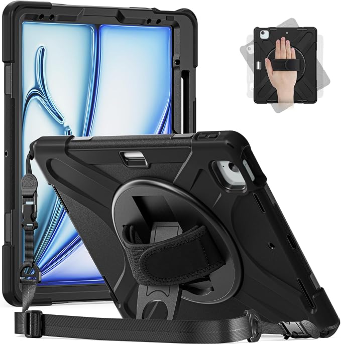 Batianda VortiGrip Case for iPad Air 11 M2/M3/M4 2024-2026 Colorful Blue | Heavy Duty Triple-Layer Rugged Case with 360° Rotating Hand Strap Foldable Hidden Stand Shoulder Strap and Pencil Holder