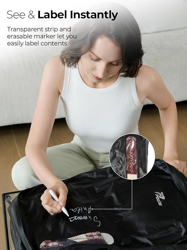 POIXM Vacuum Bags for Travel with Wireless Pump, 180° Open Zipper, IP67 Waterproof, Reusable Space Saver Compression Bags for Backpack, Suitcase, Home Storage(3 Pack + Pump)