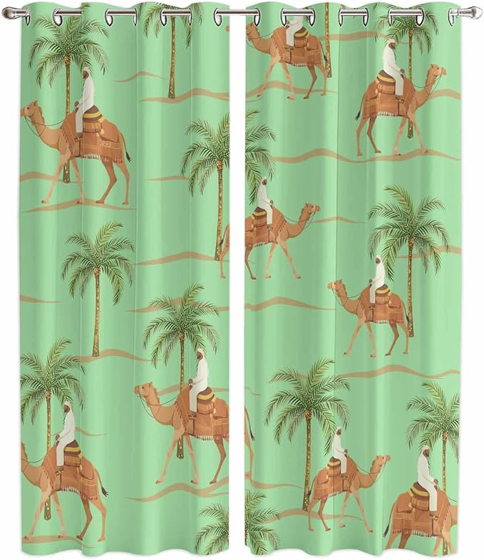 2 Panel Kitchen Cafe Curtains, Desert Camels Sunlight Filtering Nature Air