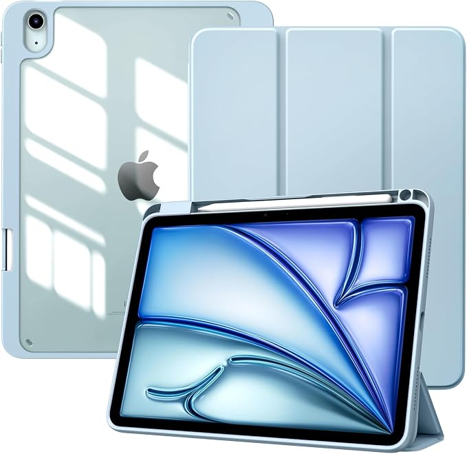 TiMOVO Case for iPad Air 11 M4/M3/M2 Air 5th/4th Gen 10.9 Sky Blue | Pencil Holder Slim Trifold Stand Protective Cover Clear Transparent Back Shell Auto Wake/Sleep