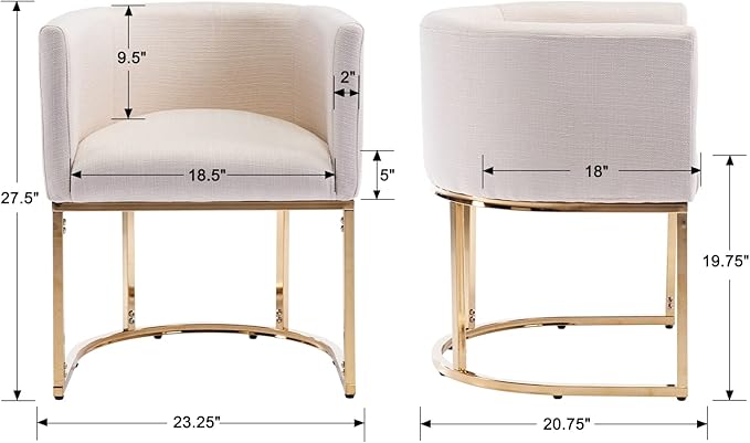 Linen Fabric Dining Chairs Set of 8 Modern Barrel Arm Chairs with Golden Frame, Upholstered Kitchen Chairs 18.5" Wide Accent Chairs for Living Room Dining Room Restaurant, Cream