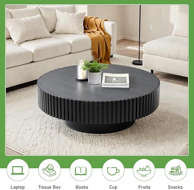 Round Coffee Table for Living Room, 31.5'' Modern Handcraft Drum Coffee Table Unique Fluted Coffee Tables Wood Center Table End Table for Small Space, Farmhouse Apartment Office (Round Black)