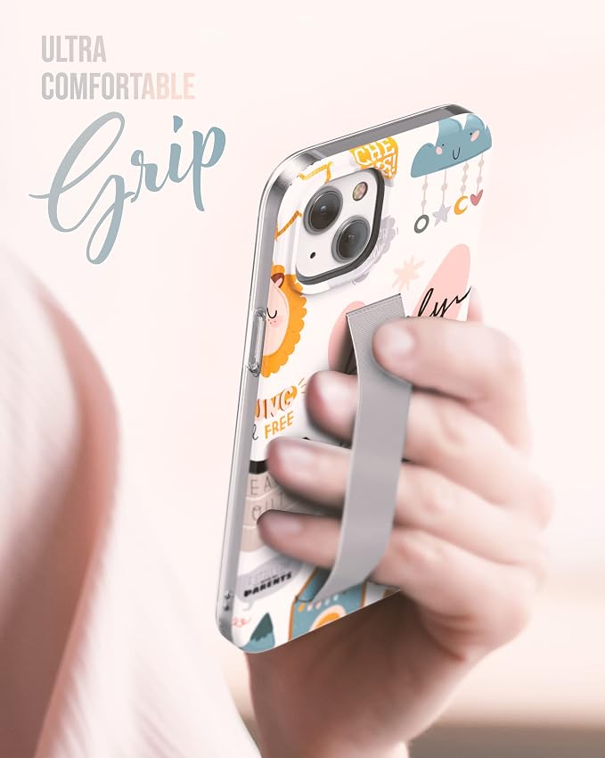 ENCASED Finger Loop Case Designed for iPhone 14 Plus Case with Hand Strap Phone Holder and Screen Protector (Black/Gold Marble)