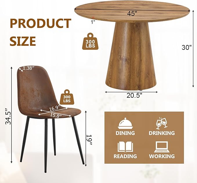 Round Dining Table Set for 6,45'' Farmhouse Dining Room Table Set for 6 with Suede Chairs,1" Thick Wood Pattern Tabletop with Conical Base,7 Pieces Kitchen Table Set for Dining Room,Apartment