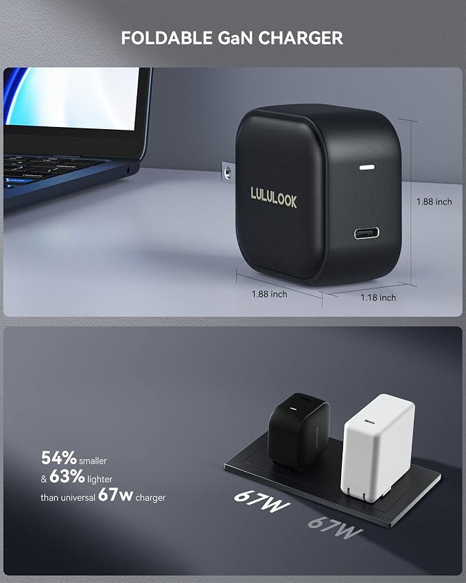 LULULOOK Mini USB C 67W USB-C Power Adapter Charger Block Type C Fast Wall Charger for MacBook Air/M1 Galaxy S22/S21 Dell XPS HP iPhone 14/Pro/Mini iPad Pro Steam Deck Laptops