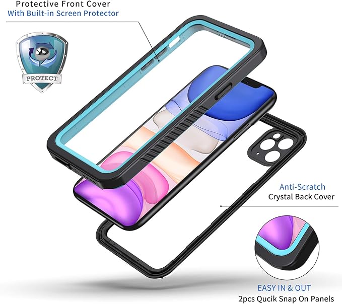 Lanhiem for iPhone 11 Case IP68 Waterproof Dustproof Case with Built-in Screen Protector Heavy Duty Full Body Protective Clear Back Phone Cover for iPhone 11 (Black)