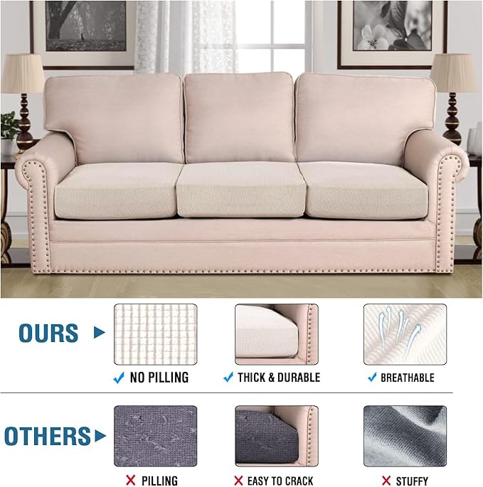 H.VERSAILTEX Super Stretch Individual Seat Cushion Covers - Sofa & Couch Cushion Slipcover Sets - Thick Jacquard Textured Twill Fabric (3 Piece XL, Ivory)